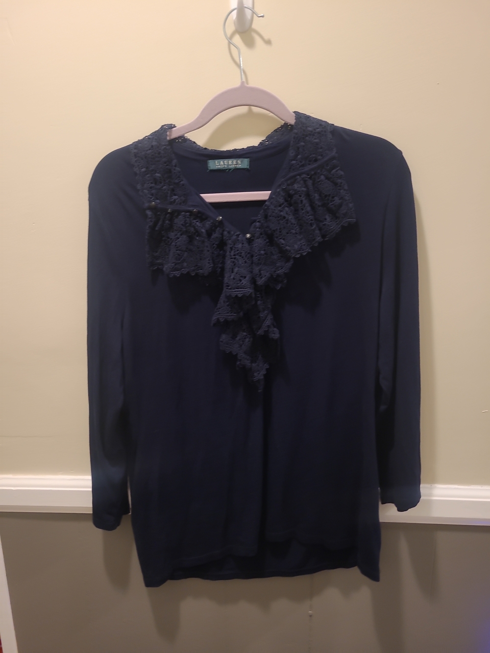 Lauren Ralph Lauren Womens Navy Crochet Ruffle Neck Blouse READ!(L-XL)